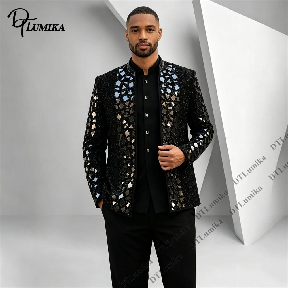 Men Black Mandarin Collar Suit - đánh giá và giá Men Formal Wear Office