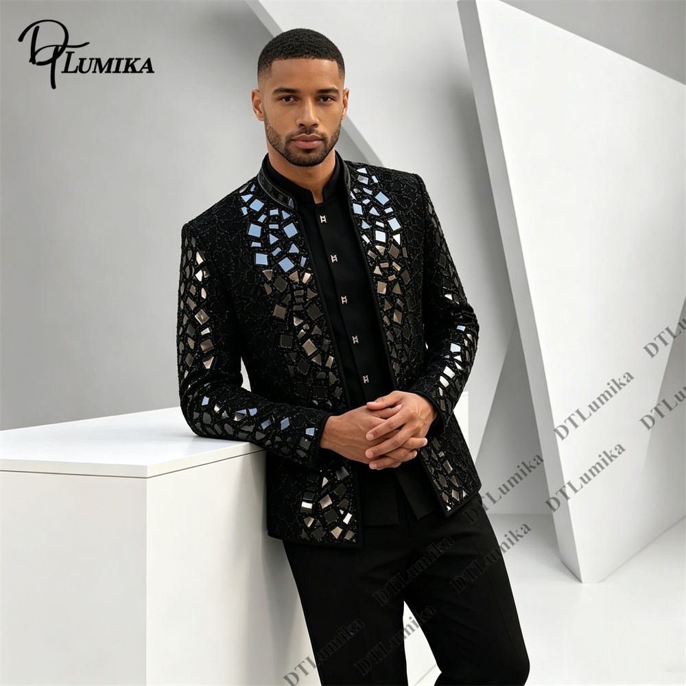 Men Black Mandarin Collar Suit - đánh giá và giá Men Formal Wear Office