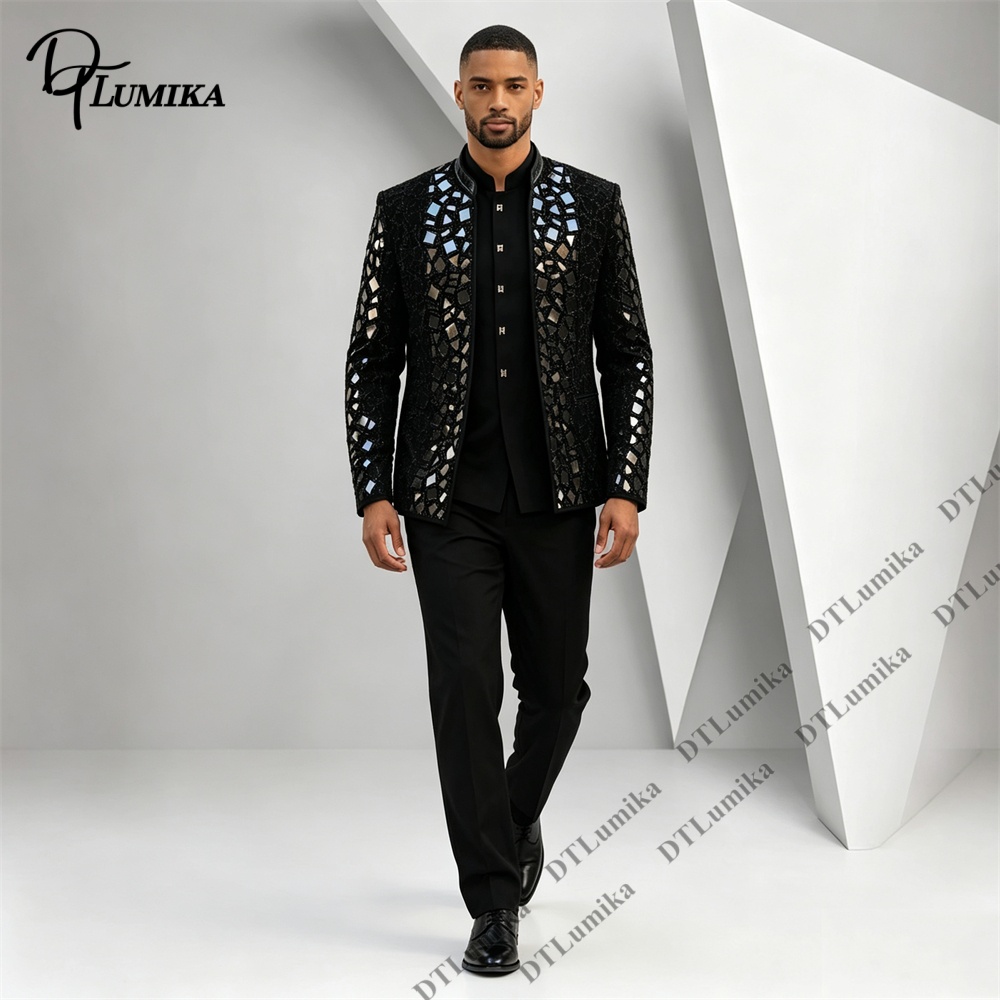 Men Black Mandarin Collar Suit - đánh giá và giá Men Formal Wear Office