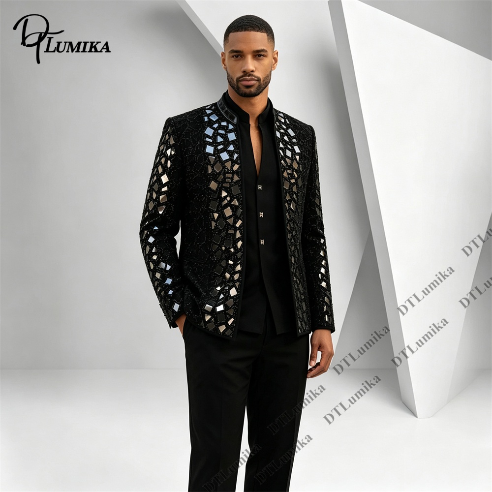 Men Black Mandarin Collar Suit - đánh giá và giá Men Formal Wear Office